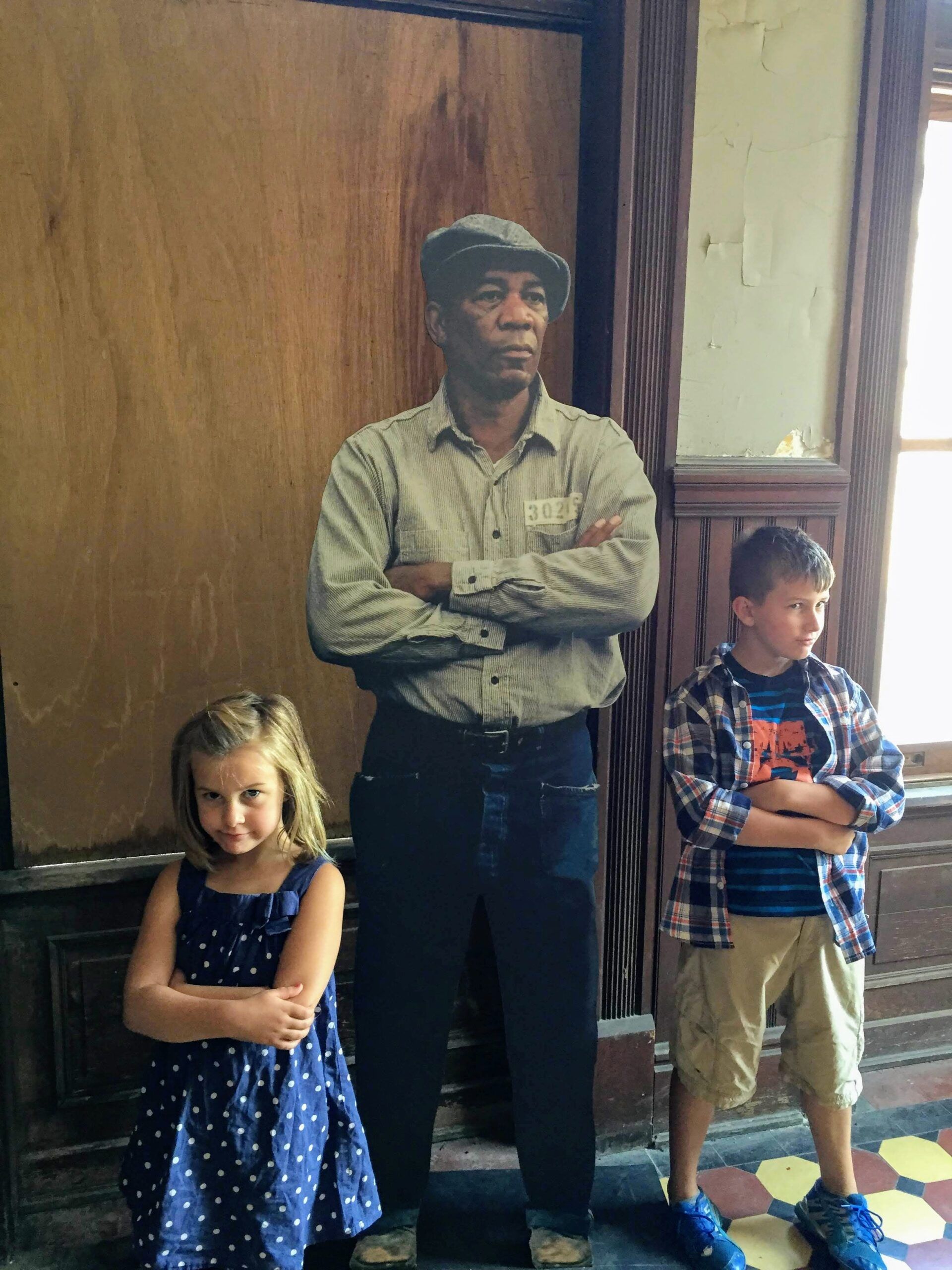 Tour guests with Morgan Freeman cutout 